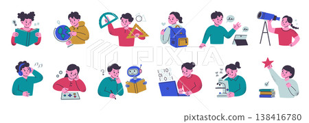 Kids learning scenes set, flat cartoon children with books and backpacks, boys and girls with globe, telescope, microscope. AI learning, coding, tablet education, vector illustration of school study Kids learning scenes set, flat cartoon children with books and backpacks, boys and girls with globe, telescope, microscope. AI learning, coding, tablet education, vector illustration of school study 138416780