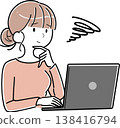 一位女士在操作電腦時感到困惑和吃力。 138416794