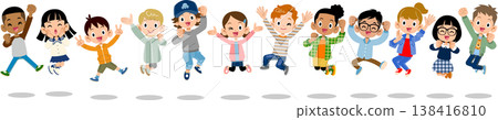 來自不同國家和種族的孩子們排成一隊跳躍。 138416810