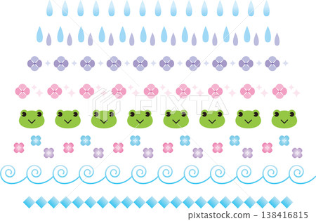 Rainy Season Decorative Border Set: Frog, Hydrangea, and Raindrop Line Decoration Illustrations 138416815