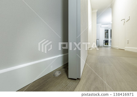 Macro of Modern Magnetic Floor Door Stopper in Minimalist Interior 138416971
