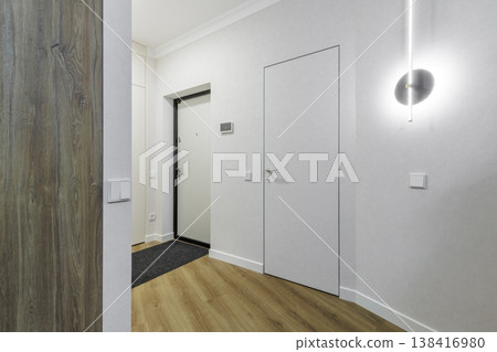 Modern Apartment Entrance Hall with Invisible Door and Wall Sconce Modern Apartment Entrance Hall with Invisible Door and Wall Sconce 138416980