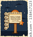 Retro roadside vertical poster classic American motel welcome sign with bold vintage typography and arrow. Vector illustration in midcentury 1950s style for print, wall art 138417123