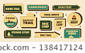 Retro outdoor activities sticker set with hiking trail, canoe route, kayak point, fishing spot, backpack trail, bike trail and more. Vector illustration in vintage midcentury 50s style for adventure 138417124