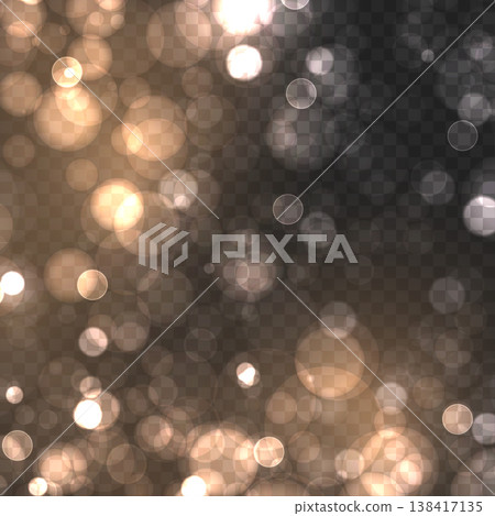 Realistic Golden Bokeh Lights on Transparent Background. Vector Glowing Sparkles and Soft Blur Overlay Effect. Realistic Golden Bokeh Lights on Transparent Background. Vector Glowing Sparkles and Soft Blur Overlay Effect. 138417135