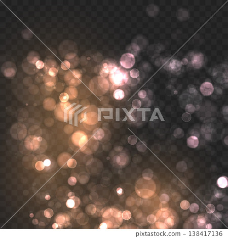 Realistic Golden Bokeh Lights on Transparent Background. Vector Glowing Sparkles and Soft Blur Overlay Effect. Realistic Golden Bokeh Lights on Transparent Background. Vector Glowing Sparkles and Soft Blur Overlay Effect. 138417136