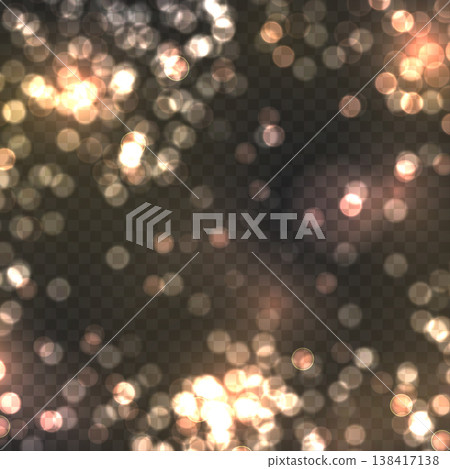 Realistic Golden Bokeh Lights on Transparent Background. Vector Glowing Sparkles and Soft Blur Overlay Effect. 138417138