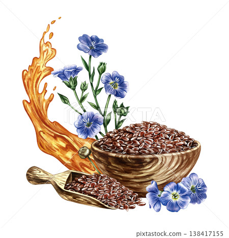 Flaxseed oil. Hand-drawn watercolor illustration. Flaxseed in a wooden bowl and spoon, flax flowers, and a splash of oil. An element of label and packaging design, banners, posters, and more. 138417155