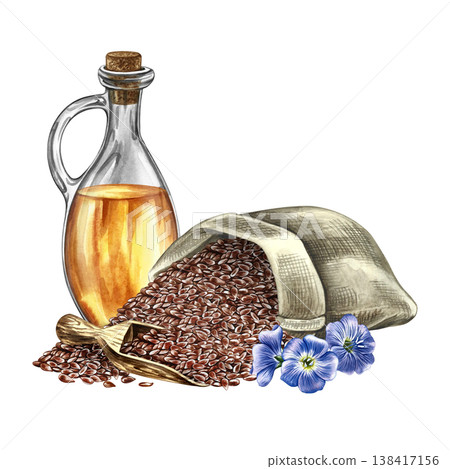 Flaxseed oil. Hand-drawn watercolor illustration. Flaxseed in burlap, wooden scoop, blue flax flowers, and a glass bottle of oil. Element of label design, packaging, banners, posters, and more. 138417156