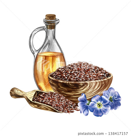 Flaxseed oil. Hand-drawn watercolor illustration. Flaxseed in a wooden bowl and scoop, flax flowers, and a bottle of oil. An element of label and packaging design, banners, posters, and more. 138417157