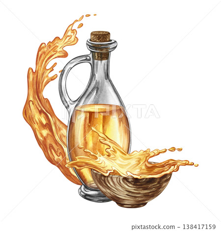 Splashes of yellow liquid, oil, juice, tea, etc. in a wooden bowl and a glass bottle of oil. Hand-drawn watercolor illustration. Perfect for creating labels, packaging, banners, posters, and more. 138417159