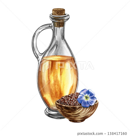 Flaxseed oil. Hand-drawn watercolor illustration. Flaxseed in a wooden bowl, flax flower, and a bottle of oil. Element of label and packaging design, banners, posters, and more. 138417160