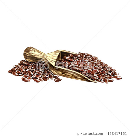 Flaxseed in a wooden scoop. Hand-drawn watercolor illustration. Element of label and packaging design, as well as banners, posters, and more. 138417161
