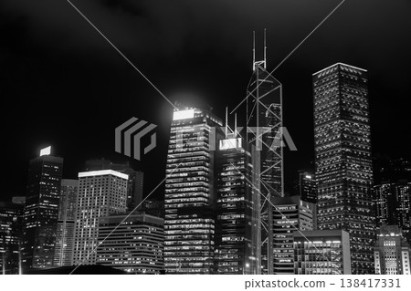 Dramatic black-and-white view of Hong Kong financial district at night 138417331