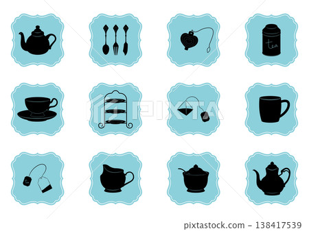 一套復古風格的茶相關物品圖標 138417539