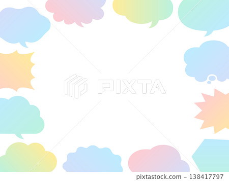 A frame surrounded by colorful, gradient-colored speech bubbles of various shapes. 138417797