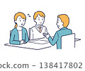 An illustration of a parent and child discussing a problem during a three-way meeting. 138417802