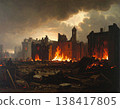 A city in ruins and burning from a war in an older era (AI-generated image) 138417805