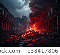 Burning rubble in the courtyard of a collapsed building (AI-generated image) 138417806