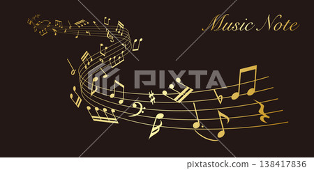 Gold wavy musical score on a black background: Vector illustration of musical notes dancing around a staff. Gold wavy musical score on a black background: Vector illustration of musical notes dancing around a staff. 138417836
