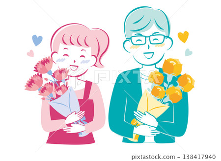 Men and women receiving bouquets of flowers on Mother's Day and Father's Day 138417940
