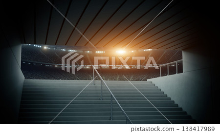 Entrance to modern soccer arena with crowded stands and tunnel stairs. 138417989