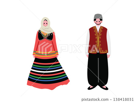 Illustrations of a man and woman wearing traditional Iranian national costumes. Illustrations of a man and woman wearing traditional Iranian national costumes. 138418031