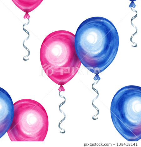 Watercolor seamless pattern featuring vibrant pink and blue air balloons with silver curling ribbons. Hand drawn festive illustration perfect for birthday parties, baby showers, and celebrations. Watercolor seamless pattern featuring vibrant pink and blue air balloons with silver curling ribbons. Hand drawn festive illustration perfect for birthday parties, baby showers, and celebrations. 138418141
