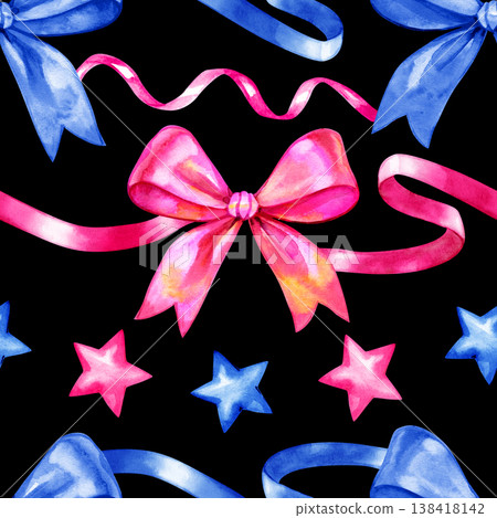 Watercolor seamless pattern with hand drawn pink and blue silk ribbons, bows, and small stars. Festive holiday illustration in a romantic style, perfect for gift wrapping, textiles, and party decor. Watercolor seamless pattern with hand drawn pink and blue silk ribbons, bows, and small stars. Festive holiday illustration in a romantic style, perfect for gift wrapping, textiles, and party decor. 138418142