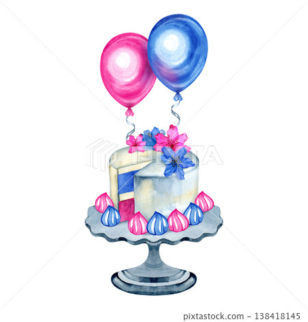 Hand drawn watercolor illustration of a festive birthday cake on a stand, decorated with pink and blue flowers, meringue, and balloons. This joyful dessert is perfect for baby showers and gender Hand drawn watercolor illustration of a festive birthday cake on a stand, decorated with pink and blue flowers, meringue, and balloons. This joyful dessert is perfect for baby showers and gender 138418145