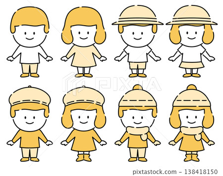 A set of illustrations of children in spring, summer, autumn, and winter. 138418150