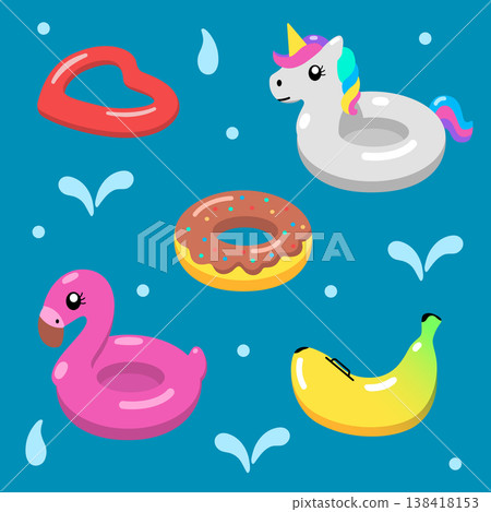 Colorful summer swimming pool elements flat vector illustration featuring flamingo float, unicorn ring, donut tube, cute inflatable floats, playful seasonal design Colorful summer swimming pool elements flat vector illustration featuring flamingo float, unicorn ring, donut tube, cute inflatable floats, playful seasonal design 138418153