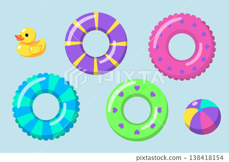 Cute summer pool floats flat vector illustration with colorful inflatable swim rings, rubber duck and beach ball, playful swimming pool elements for seasonal design Cute summer pool floats flat vector illustration with colorful inflatable swim rings, rubber duck and beach ball, playful swimming pool elements for seasonal design 138418154