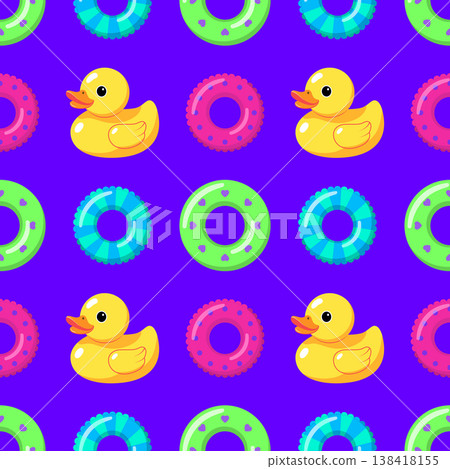 Summer pool floats seamless pattern vector illustration with rubber ducks and colorful inflatable swim rings on bright background, playful seasonal design for branding Summer pool floats seamless pattern vector illustration with rubber ducks and colorful inflatable swim rings on bright background, playful seasonal design for branding 138418155
