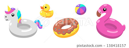 Cute summer pool float set flat vector illustration with unicorn ring, flamingo inflatable, rubber duck and donut swim tube, colorful playful design for seasonal branding Cute summer pool float set flat vector illustration with unicorn ring, flamingo inflatable, rubber duck and donut swim tube, colorful playful design for seasonal branding 138418157