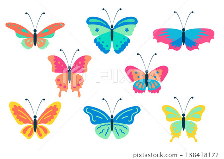Colorful butterfly set flat vector illustration with decorative wings in cute style, bright spring nature collection for branding, packaging and seasonal design 138418172