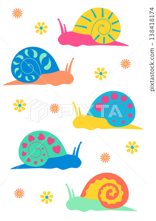 Colorful snails and flowers flat vector illustration in cute style, playful spring garden elements for branding, packaging and social media Colorful snails and flowers flat vector illustration in cute style, playful spring garden elements for branding, packaging and social media 138418174