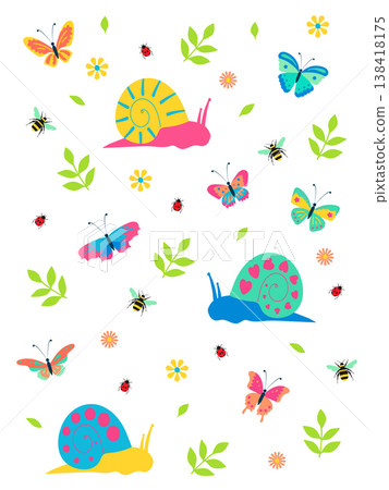 Cute garden insects flat vector illustration with snails butterflies bees and ladybugs, bright summer nature design for kids branding and fabric Cute garden insects flat vector illustration with snails butterflies bees and ladybugs, bright summer nature design for kids branding and fabric 138418175