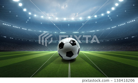 Football ball on the pitch with stadium lights at night. Football ball on the pitch with stadium lights at night. 138418206