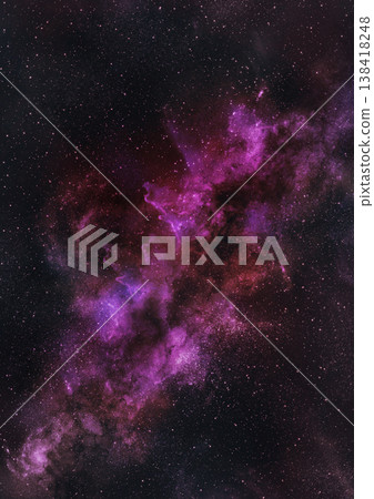A galaxy in a purple-pink cloud floats above the atmosphere on a black background with sparkling stars. 138418248