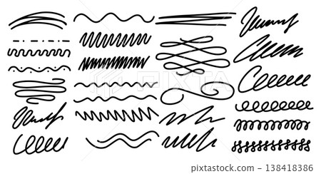 Set of hand-drawn lines, swirls, doodles, underlines, highlights Set of hand-drawn lines, swirls, doodles, underlines, highlights 138418386