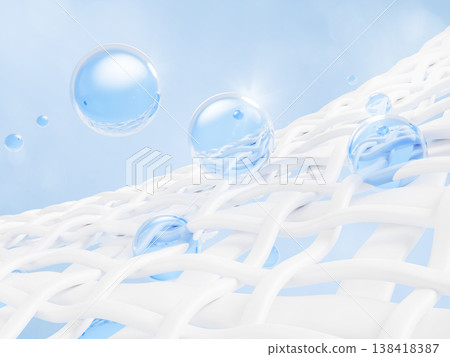 3d white fabric texture with blue gel liquid laundry detergent drops. Fiber structure with washing powder soap bubbles, water foam spheres, softener or bleach on light aqua background. 3D illustration 138418387