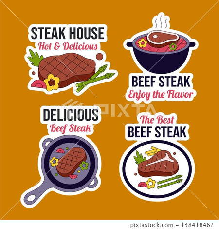 Flat Cartoon Hand Drawn Social Media Label Illustration Steakhouse Background 138418462