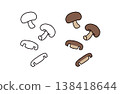 A set of illustrations of shiitake mushrooms in color and black and white. 138418644