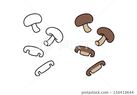 A set of illustrations of shiitake mushrooms in color and black and white. A set of illustrations of shiitake mushrooms in color and black and white. 138418644