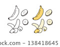 A set of banana illustrations in color and black and white. 138418645