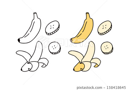一組彩色和黑白香蕉插圖。 138418645