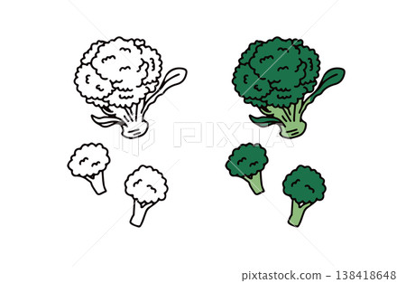 一組彩色和黑白西蘭花插圖。 138418648