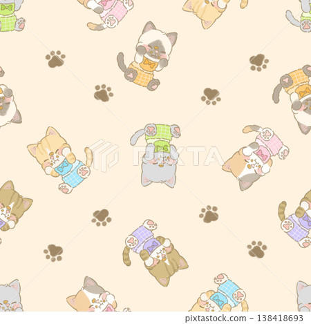 Cute cat pattern - Cat eating food - Beige 138418693