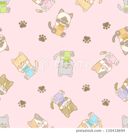Cute cat pattern: Cat eating food, pink Cute cat pattern: Cat eating food, pink 138418694